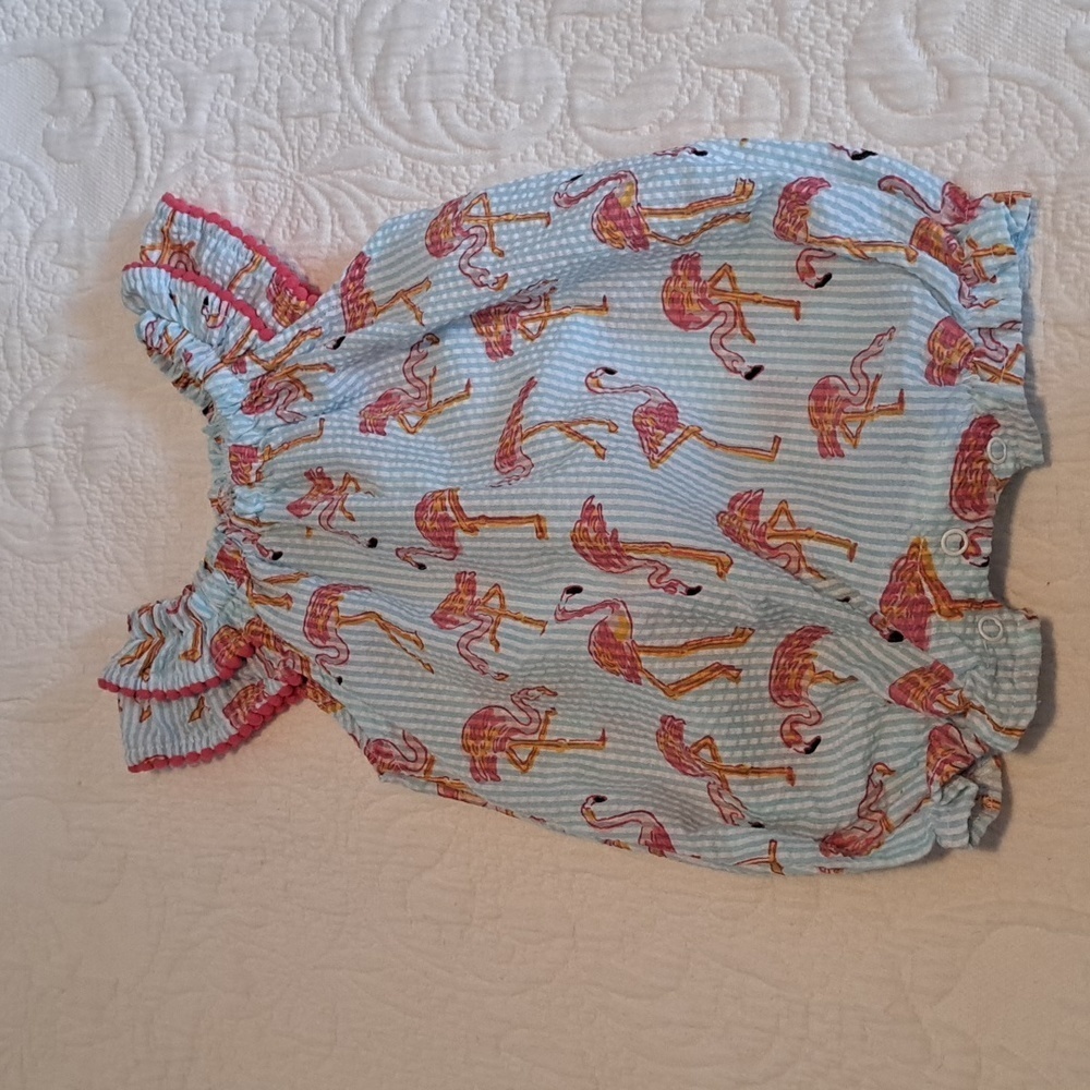 Mudpie girls size 6-9 months flamingo seersucker bubble romper